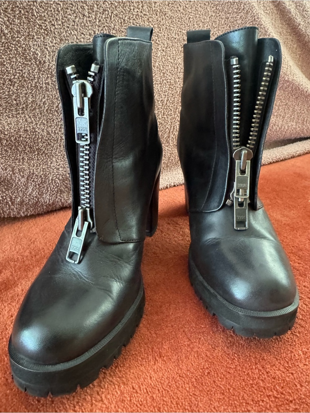 Women's Black Leather Lug-Sole Ankle Boots with Front Zipper